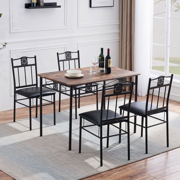 5-piece Dining Table Set Kitchen Furniture Chair Seat Wooden Table Metal Seat