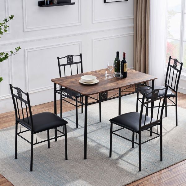 5-piece Dining Table Set Kitchen Furniture Chair Seat Wooden Table Metal Seat