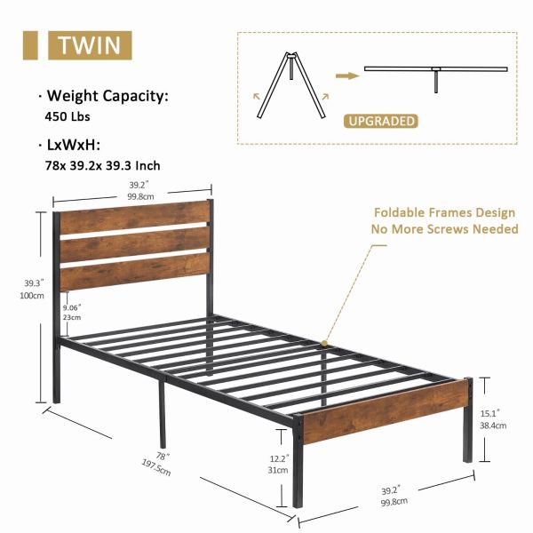 Twin Size Bed Frame Metal Slat Platform With Wooden Headboard
