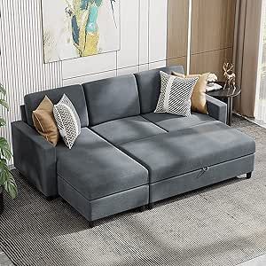 JAMFLY 79'' Sectional Sofa Couch with Storage Ottoman, Living Room Furniture Set Small Deep Convertible Sofa, L-Shaped Couch Wide Reversible Chaise with Linen Fabric (Deep Grey)