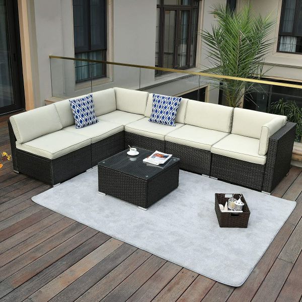 7 Pieces Outdoor Furniture Set Patio Wicker Rattan Sectional Sofa with Table