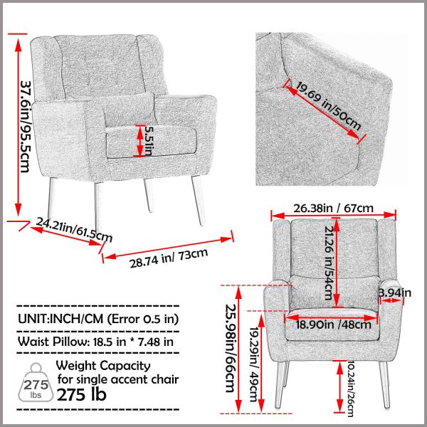 Mid Century Accent Chair Modern Armchair Upholstered Living Room Single Chair