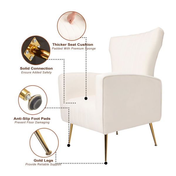 Velvet Accent Chair; Wingback Arm Chair with Gold Legs; Upholstered Single Sofa