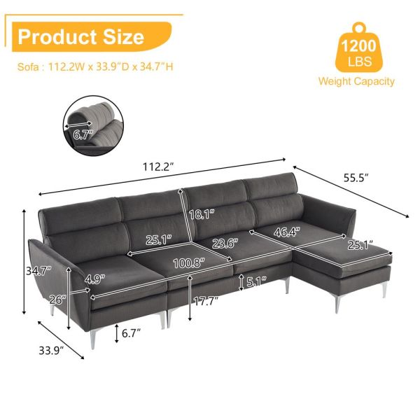 4 Seat Convertible Sectional Sofa L Shape Couch with Chaise Metal Leg